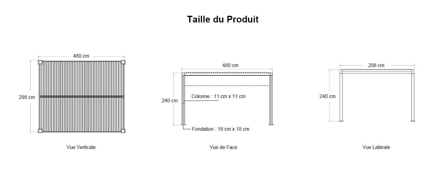 Schéma montrant les dimensions d'un produit rectangulaire en trois vues : avant, latérale et supérieure. Les mesures sont fournies en centimètres pour la largeur, la profondeur et la hauteur.