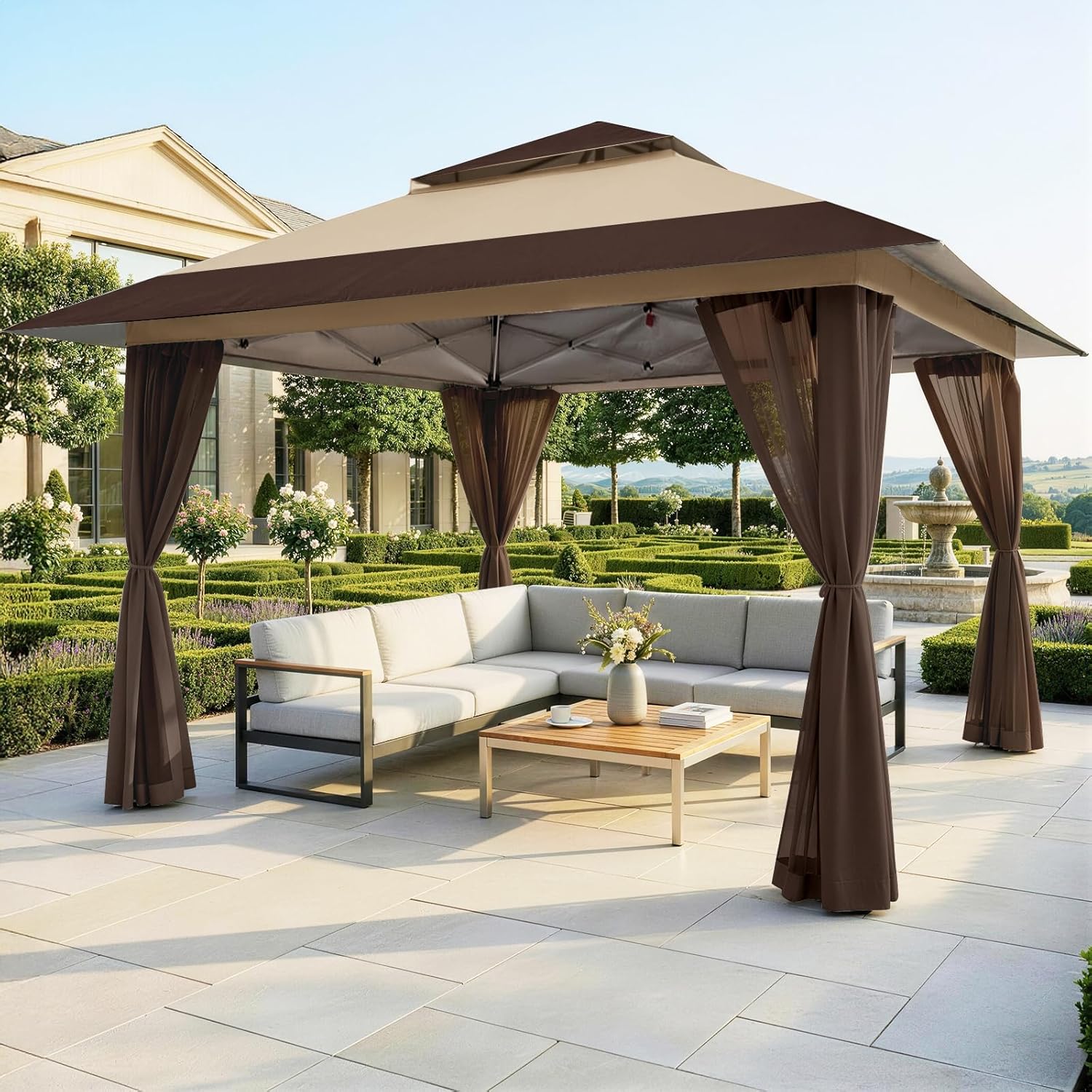 jardinite Tonnelle de Jardin 4 x 4 m, Pop Up Gezebo Exterieur Imperméable, Abri de Jardin Réglable en Hauteur, Double Toit avec Côtés en Maille Zippée, Sac de Transport, Beige