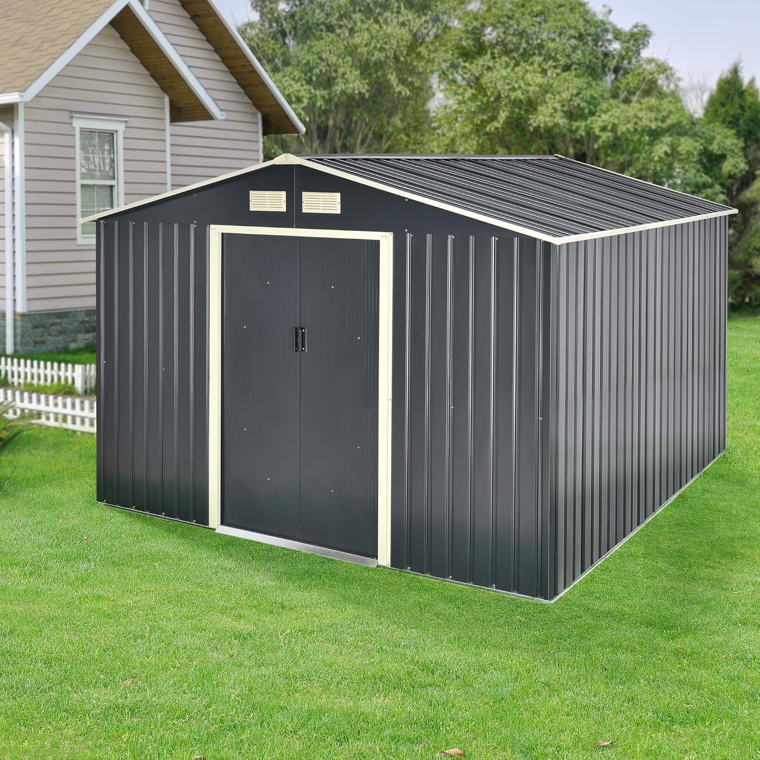 jardinite Abri de Jardin 15 m³ Robuste Cabane de Stockage Extérieur Cabane à Outils Toit à Pignon Tôles en Acier Galvanisées Gris Foncé