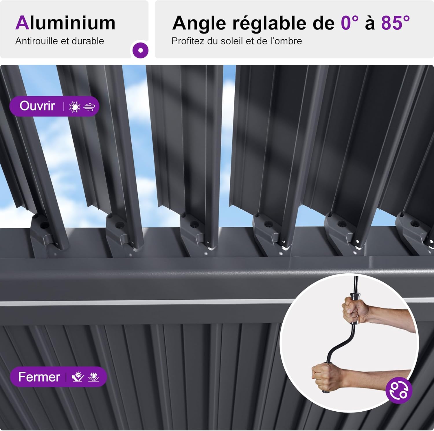 jardinite - Pergola bioclimatique - 4x6m - alu lames LED gris