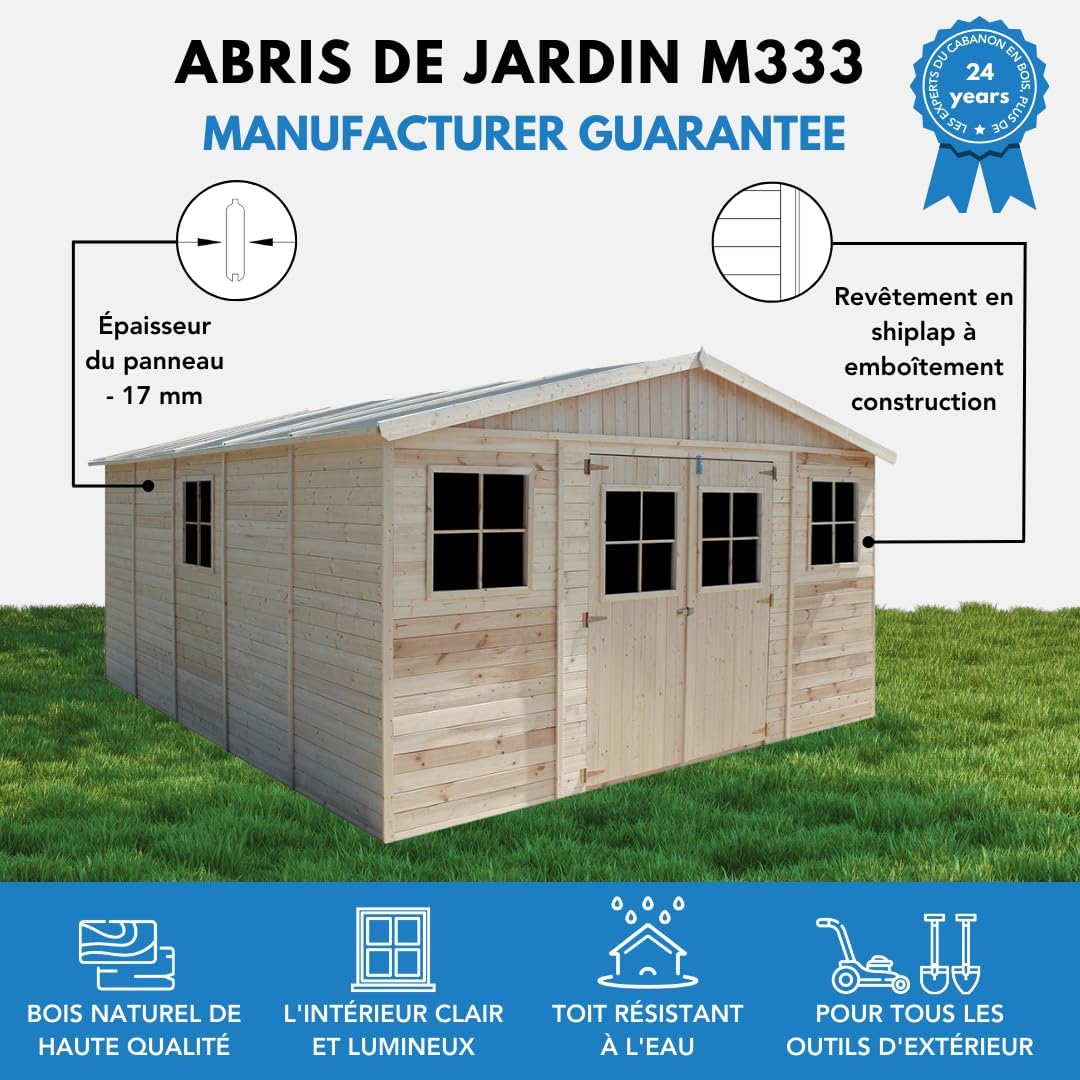 Abri de Jardin en Bois Exterieur avec Les PLANCHERS IMPRÉGNÉ- Maison de Jardin en Pin/épicéa-H246x418x522 cm/20 m²-Construction de Panneaux- Rangement pour vélos, Remise à Outils-jardinite M333 +M333G