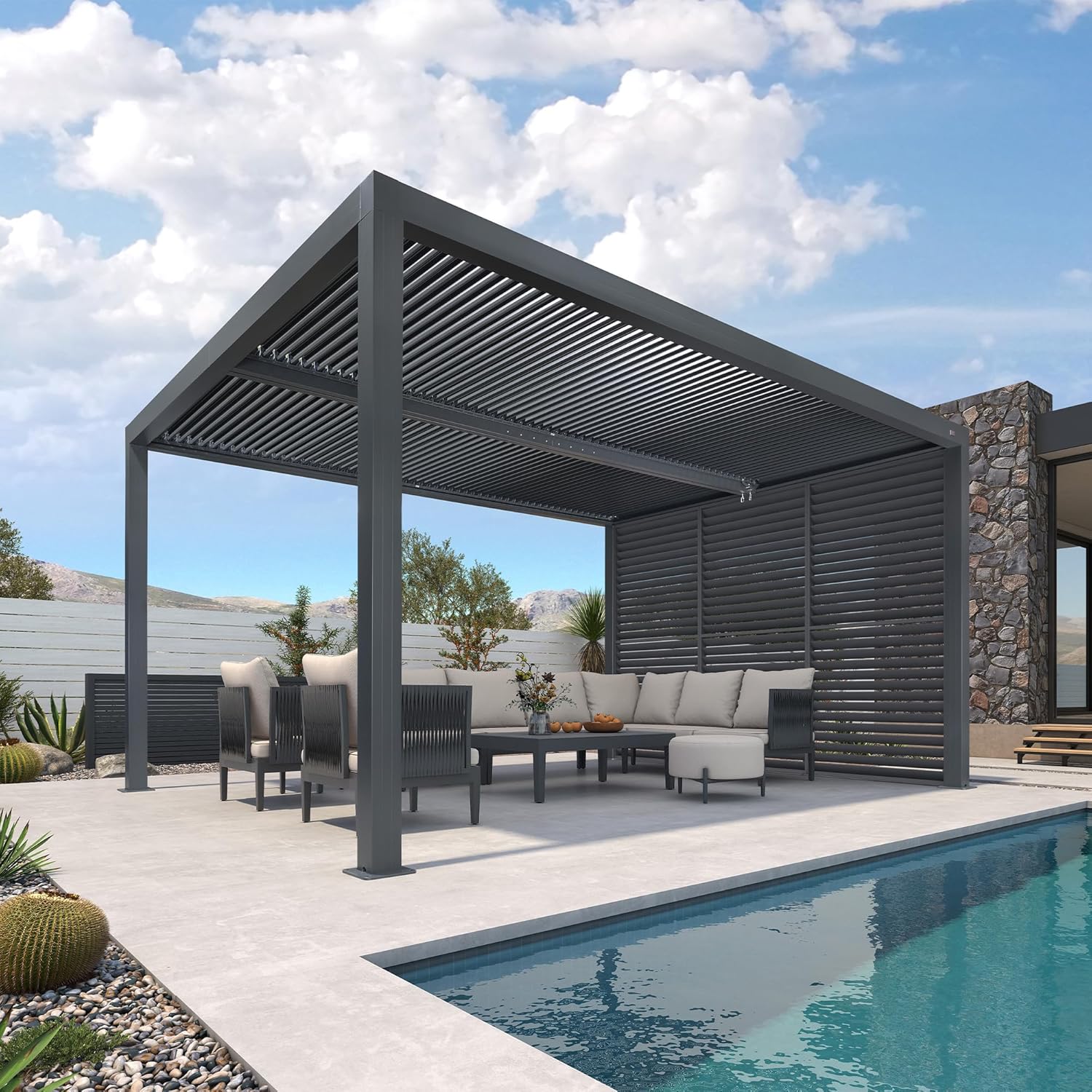 jardinite - Pergola bioclimatique 4,6x3,3 m, alu, persiennes fixes