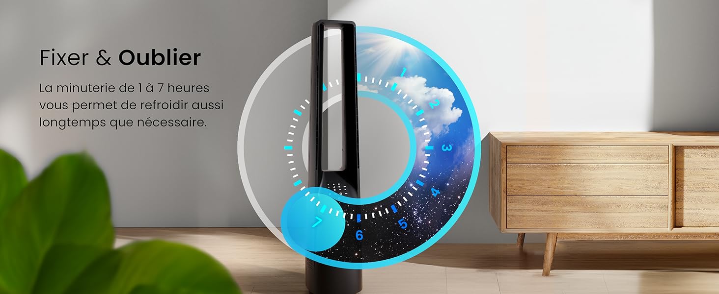 Un grand appareil cylindrique noir doté d'un écran circulaire illuminé bleu et blanc. L'écran affiche des repères temporels et semble tourner. Un buffet en bois est visible à l'arrière-plan.