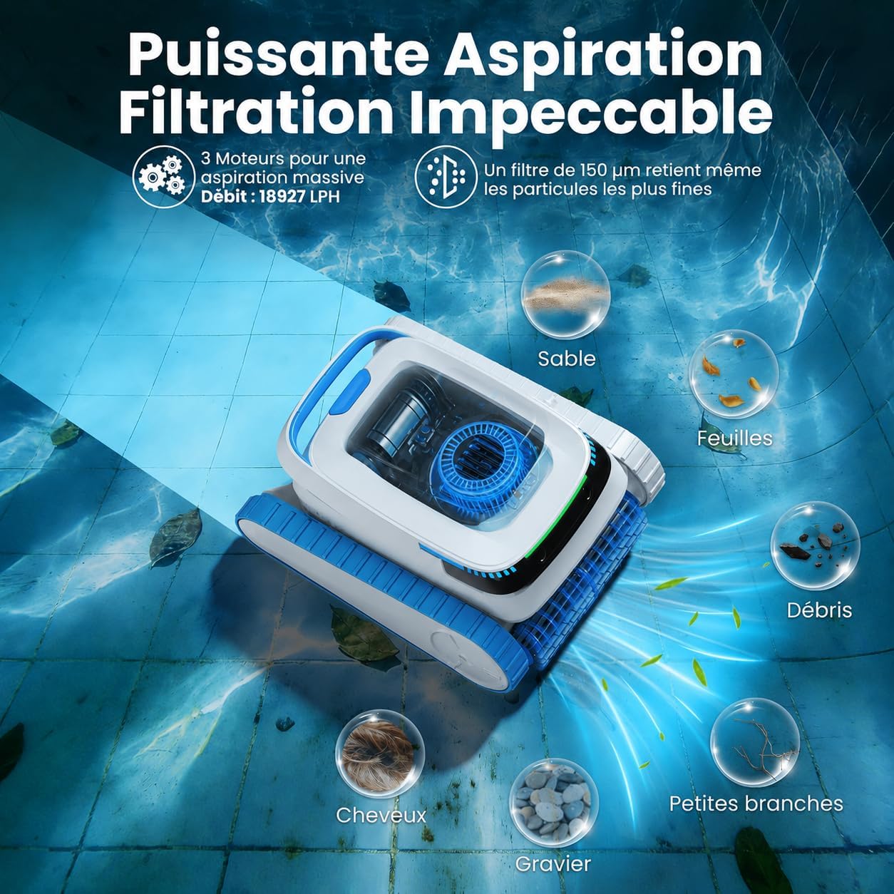 (2026 Mise à Niveau) Robot de Piscine QD40 Sol et Paroi, Nettoyage Ligne d'eau, Navigation Intelligente, Aspirateur Puissant 18927 L/H avec contrôle par App, pour piscines jusqu'à 170㎡