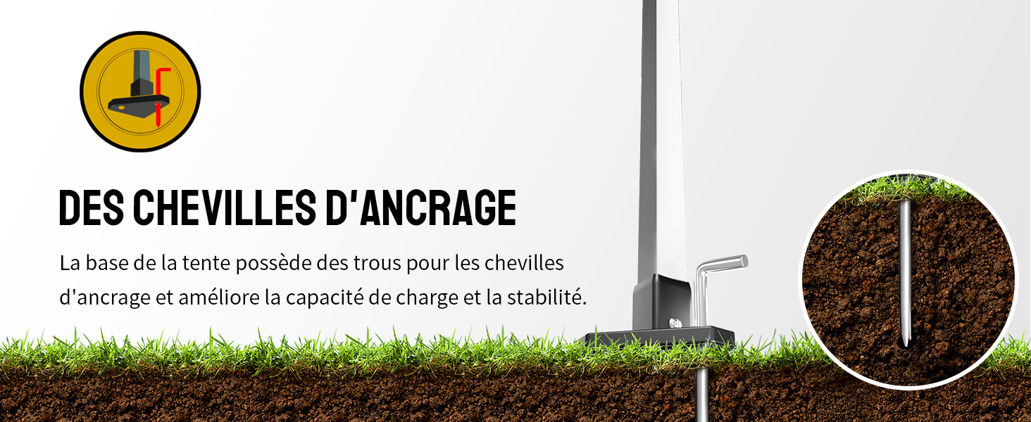 Le texte se lit comme suit : « DES CHEVILLES D'ANCRAGE ». Illustration montrant un ancrage au sol ou un piquet inséré dans l'herbe, avec indicateur de mesure.