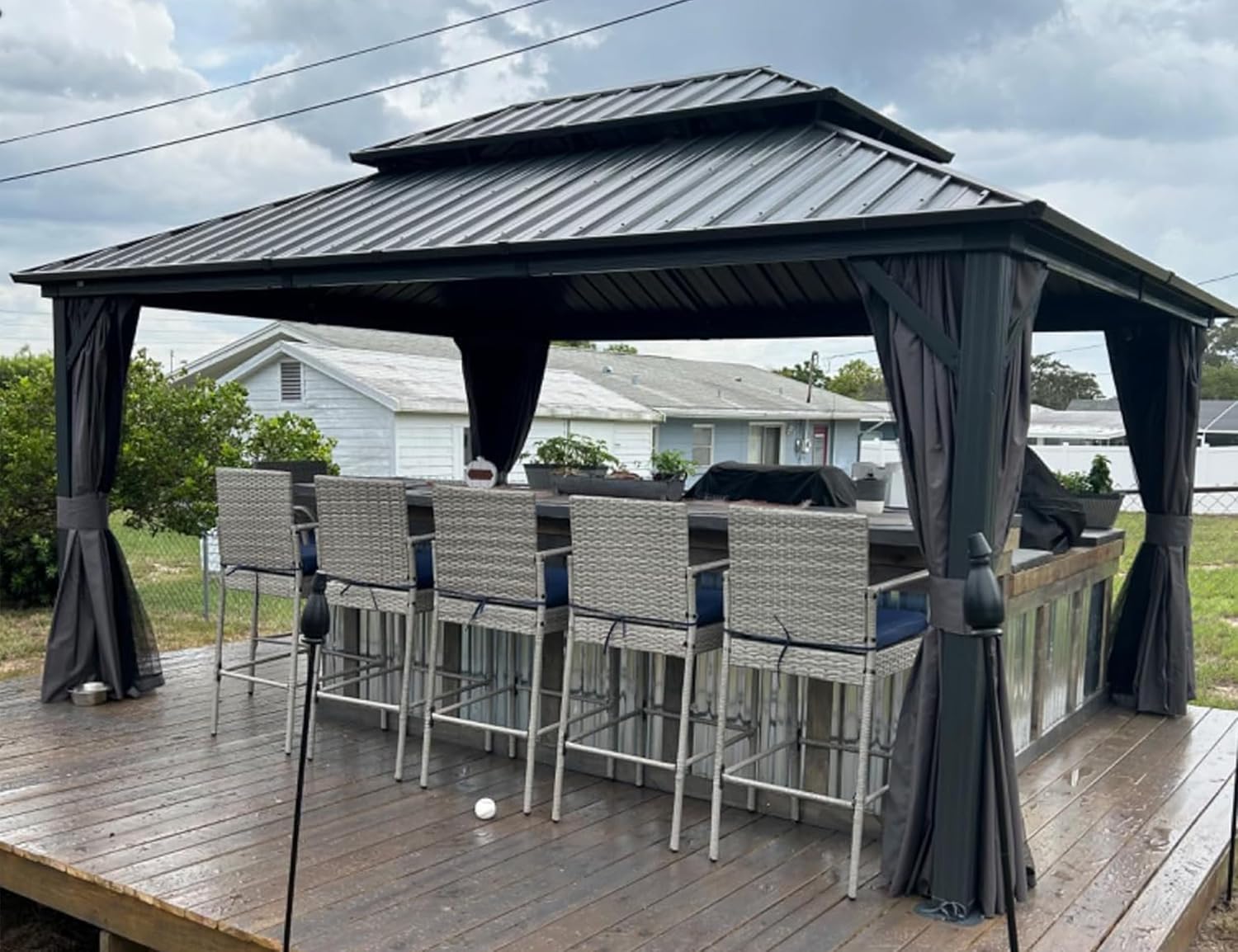 jardinite - pergola série double toit - 4,85x3,65 m - alu acier, rideaux, moustiquaire