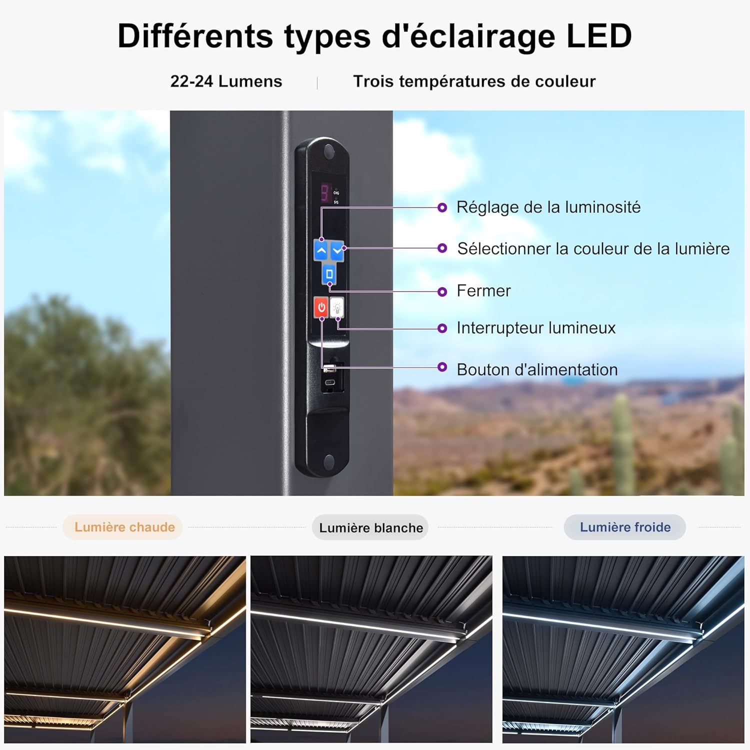 jardinite - Pergola bioclimatique - 3,5x8,5m - aluminium, lames LED, étanche