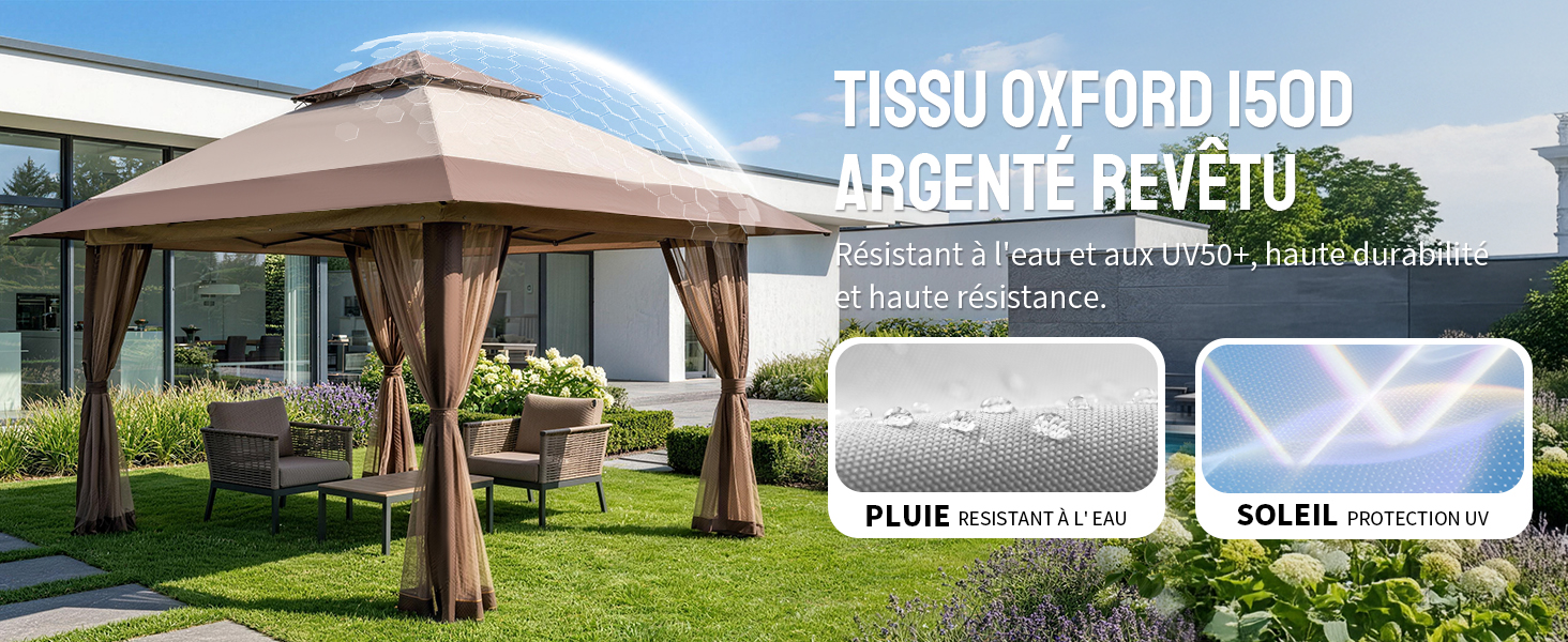 Le texte se lit comme suit : « KONSULTASYON LIBRENG REVIEW ». Structure de belvédère extérieure avec cadre blanc présentée dans deux configurations différentes ou vues sur le ciel bleu.