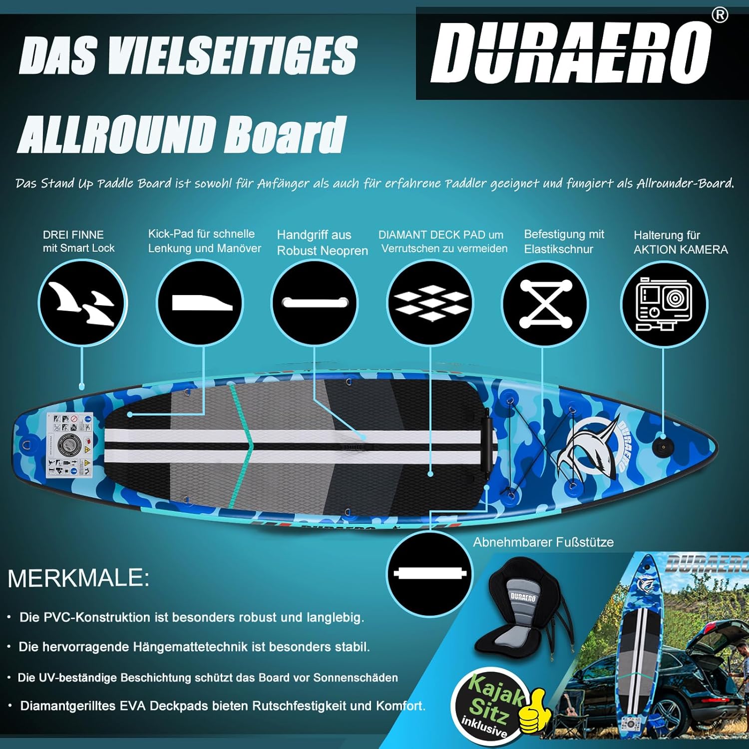 Planche de Stand Up Paddle Gonflable, 330x76x15 cm, kayak, 150 kg, kick-pad, caméra, camouflage Blue