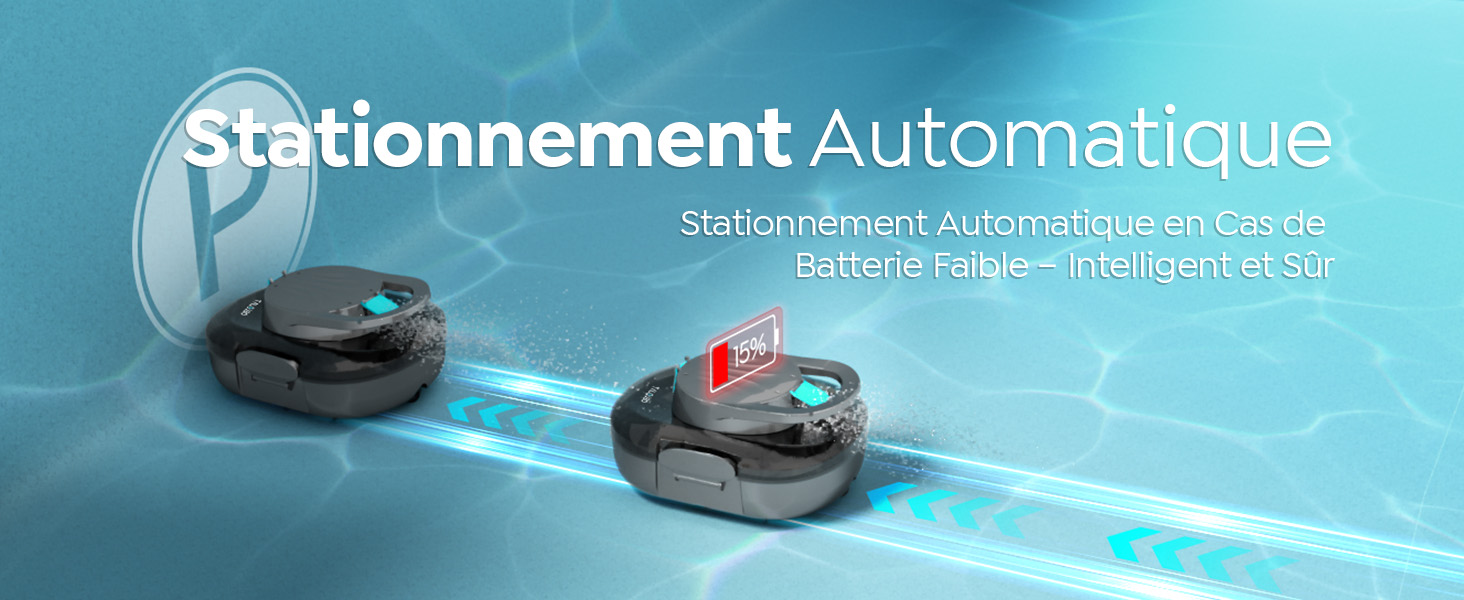 Le texte indique « Stationnement automatique ». Deux aspirateurs robotiques montrés avec un effet de lumière bleue entre eux, démontrant la fonctionnalité de stationnement ou d'amarrage automatique.