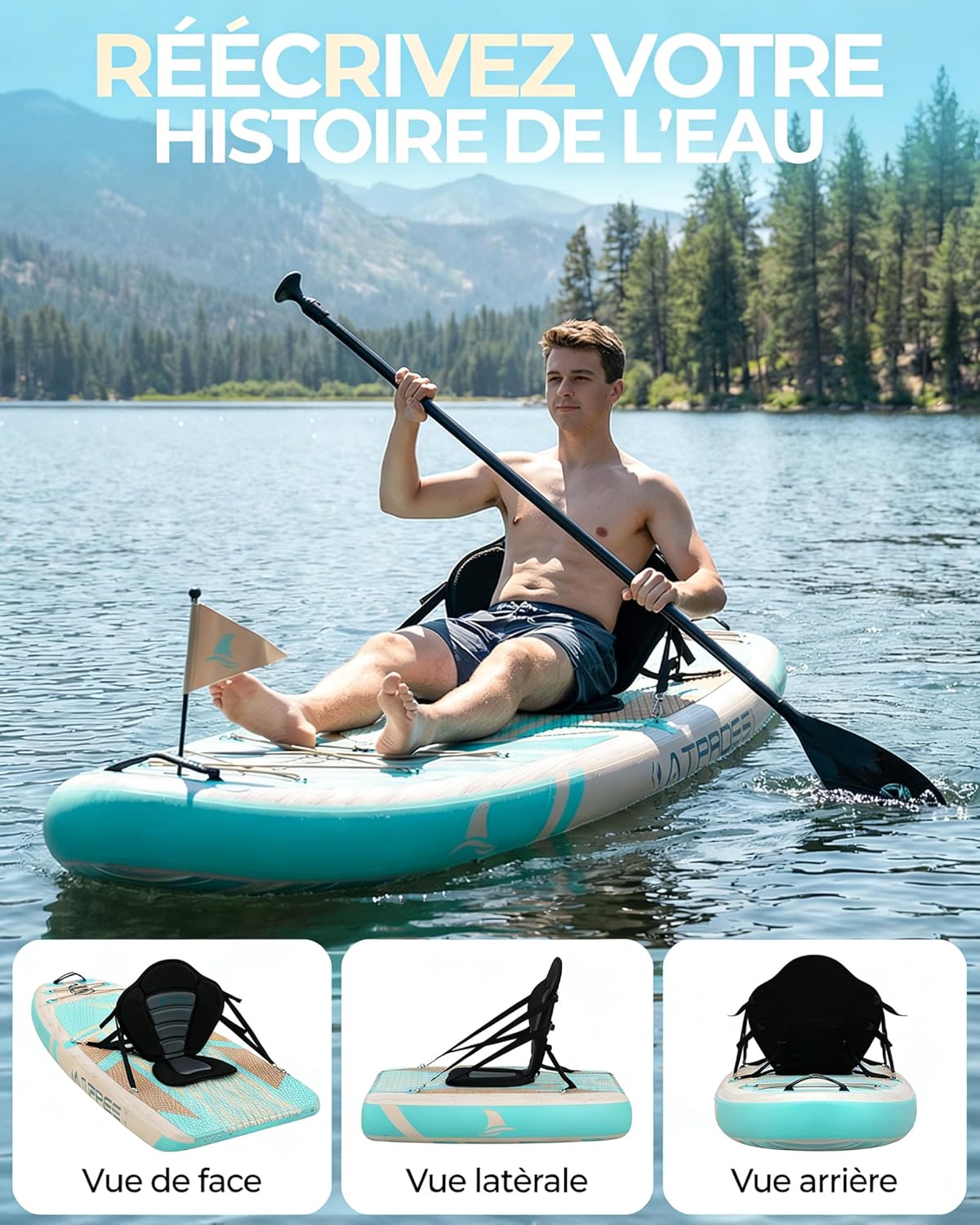 Stand Up Paddle Gonflable Adulte avec Siège Kayak & Accessoires, 320x84cm Planche de Sup Extra Large pour 2 Personnes, Charge 200kg, Kayak Gonflable 2 Places Stable et Antidérapant pour Surf