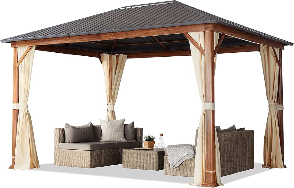 jardinite - tonnelle de jardin série aspect bois 3x4m toit acier, 4 parois, champagne