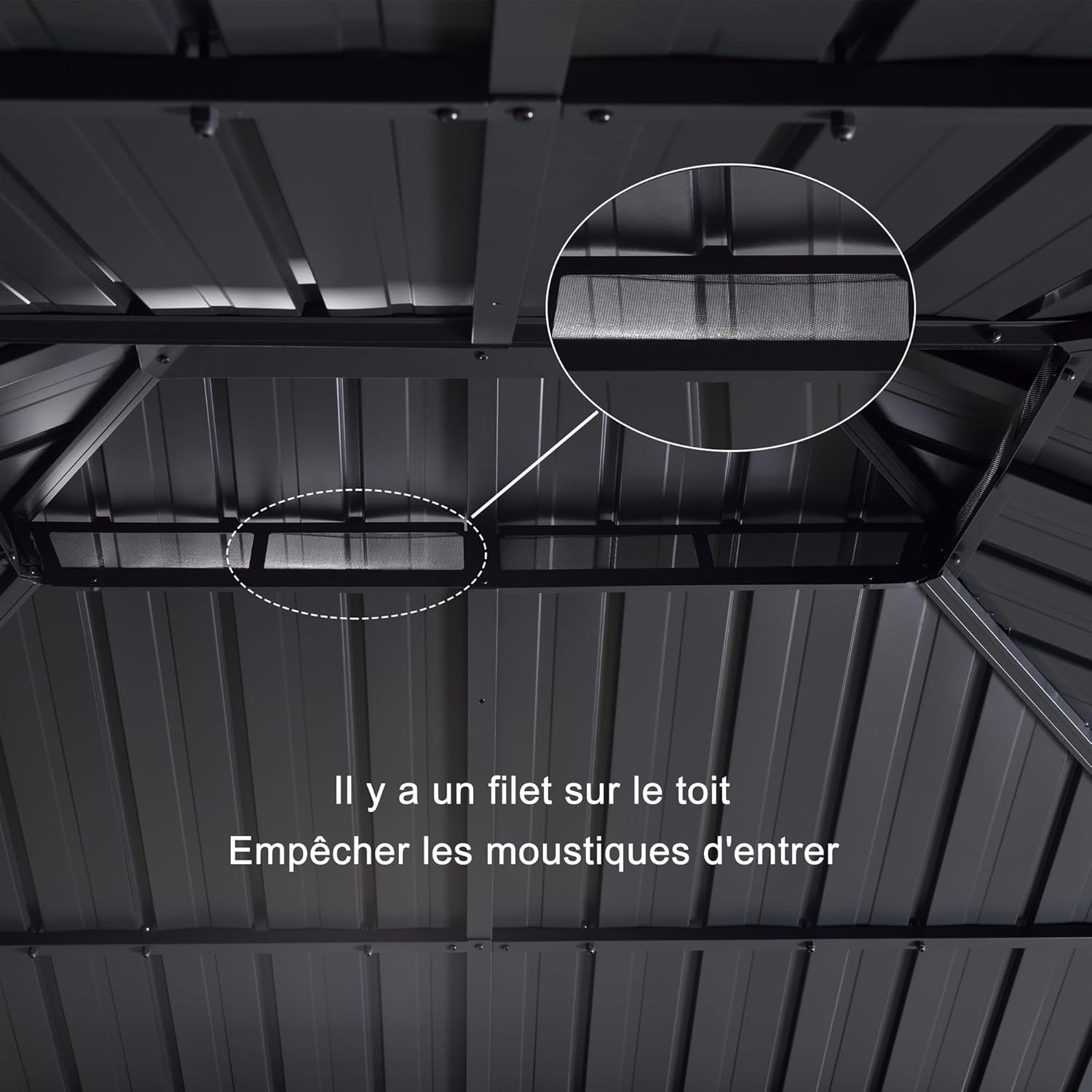 jardinite - tonnelle aluminium série - 4,85x3,65m - éclairage intégré, rideaux moustiquaires, gouttière, gris