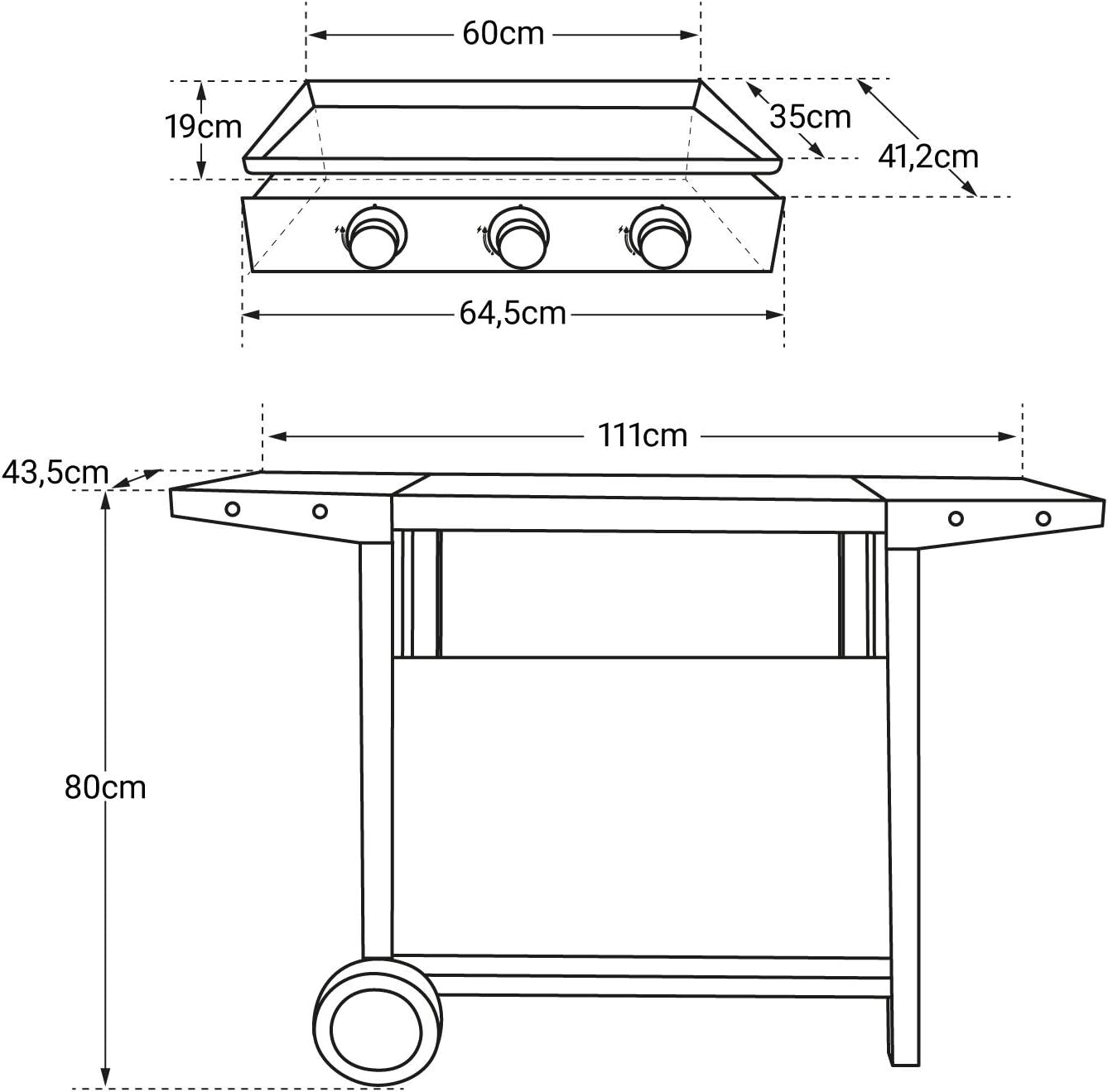jardinite - Plancha Mérida sur chariot 3 brûleurs 6kW 74x33 cm