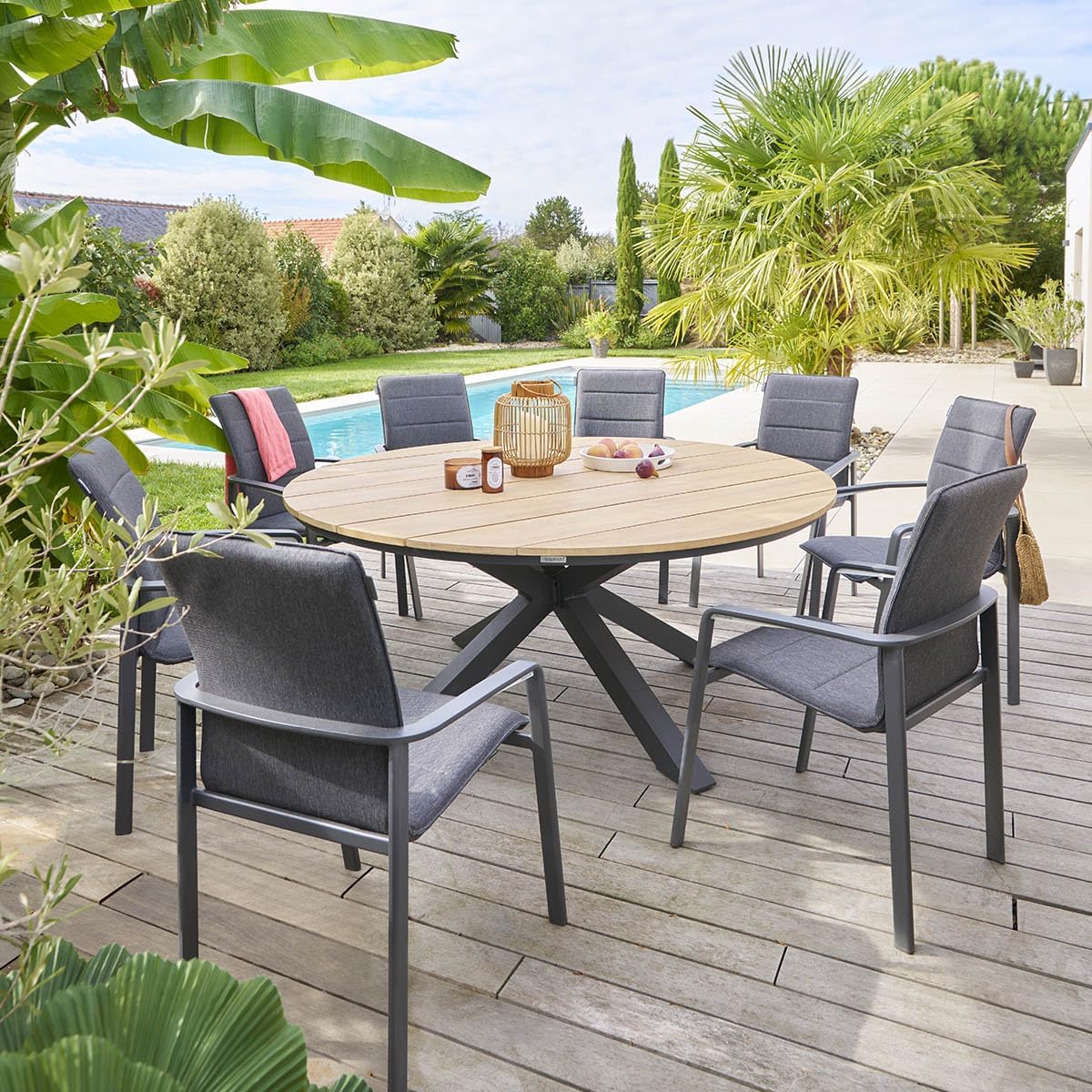jardinite - Oriengo table ronde 8 places - aluminium acacia - Gris Graphite