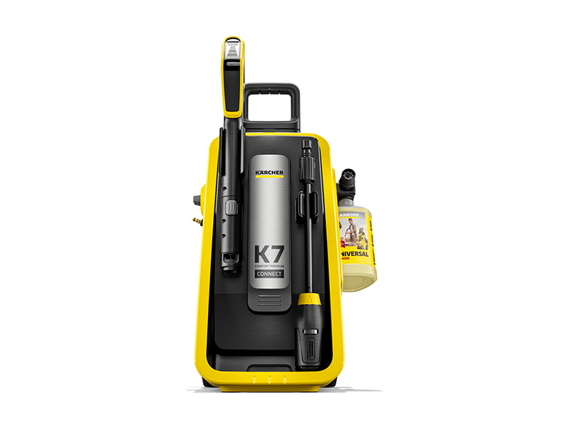 Plusieurs vues d'un appareil industriel jaune et noir présentées sous différents angles, présentant un design compact avec des composants de poignée.