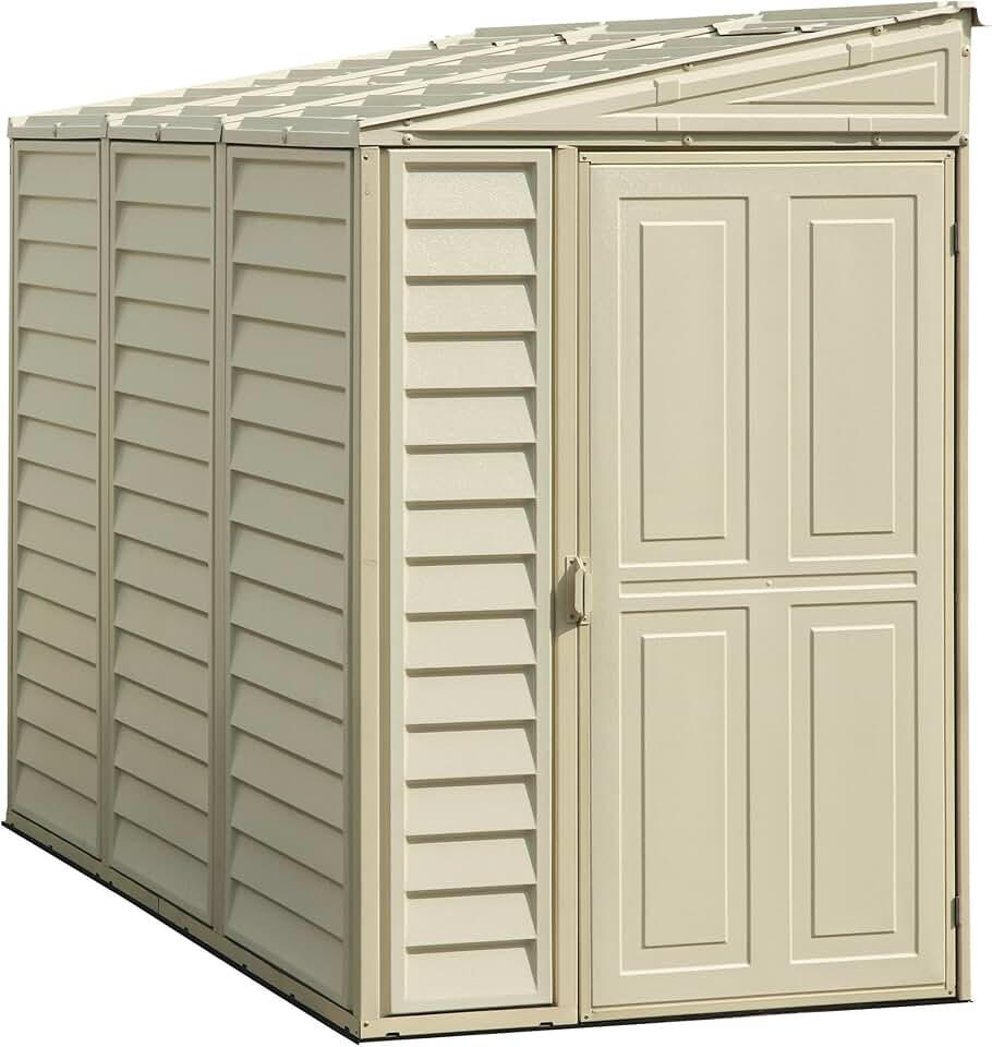 jardinite SideMate 4 x 8 (2.91 m²) abri de jardin en plastique avec kit de fondation en métal, porte réversible, structure de toit en métal robuste, abri en vinyle sans entretien - Ivoire