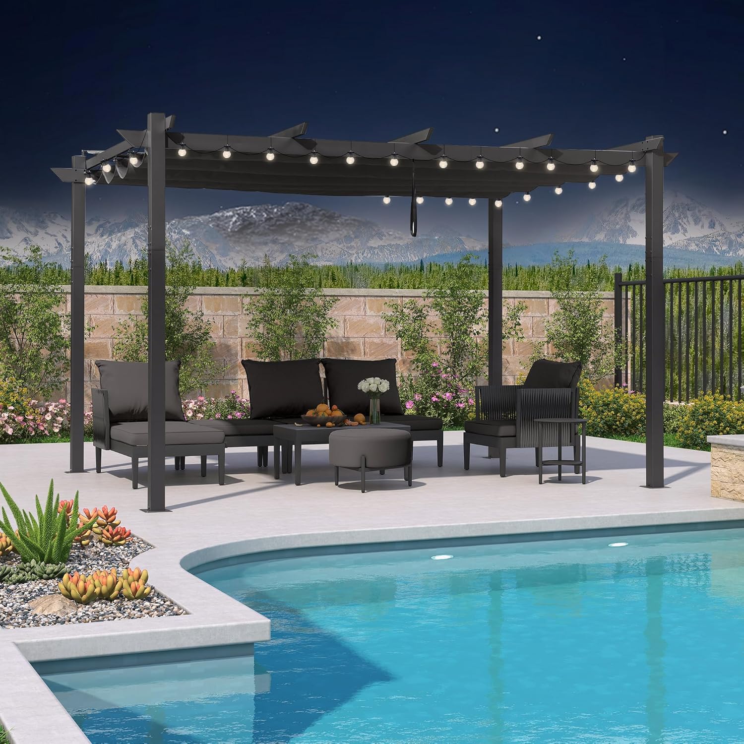 jardinite – pergola aluminium – 4x3m – toit rétractable, éclairage intégré