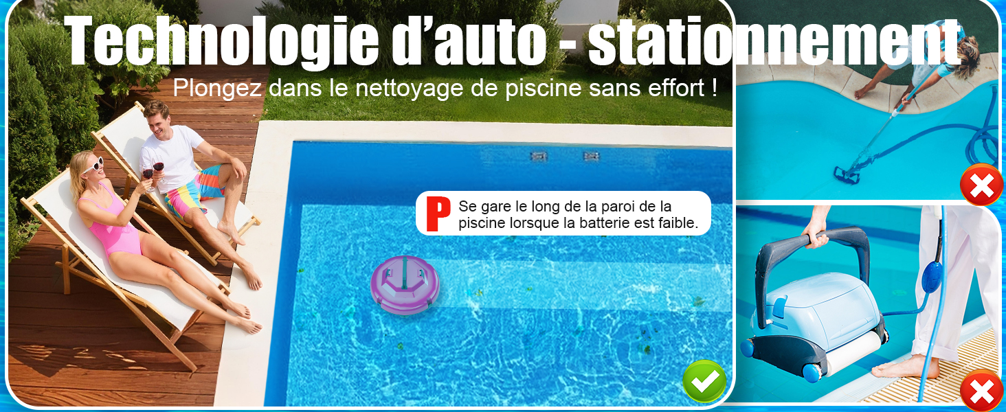 montrant les étapes d'entretien d'une piscine avec de l'eau bleue, des outils de nettoyage et des flèches pédagogiques
