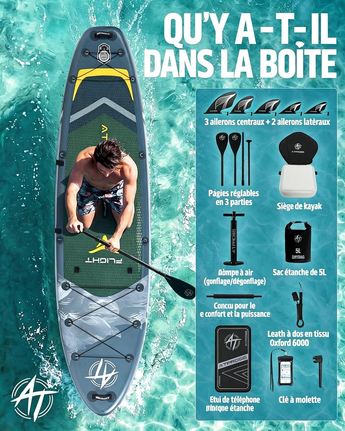 Planche de Paddle Gonflable Adulte avec Siège Kayak & Accessoires, 366x92cm Sup Extra Large & Stable, Charge 240kg, Kayak Gonflable 2 Places pour Yoga, Pêche et Surf