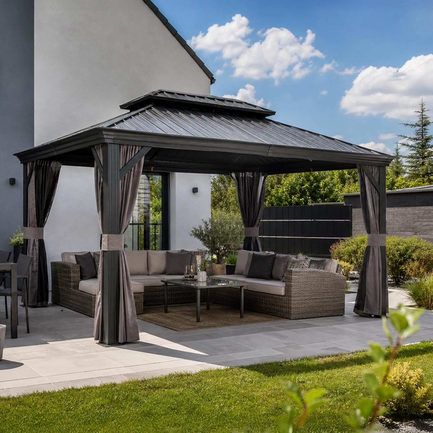 jardinite - Tonnelle Jardin 4,25x3 m - acier galvanisé, rideaux épais, gouttière