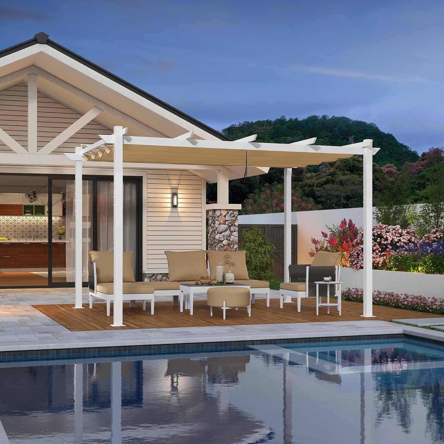 jardinite - Pergola aluminium série - 4x3m - toile rétractable, autoportante, imperméable, kaki