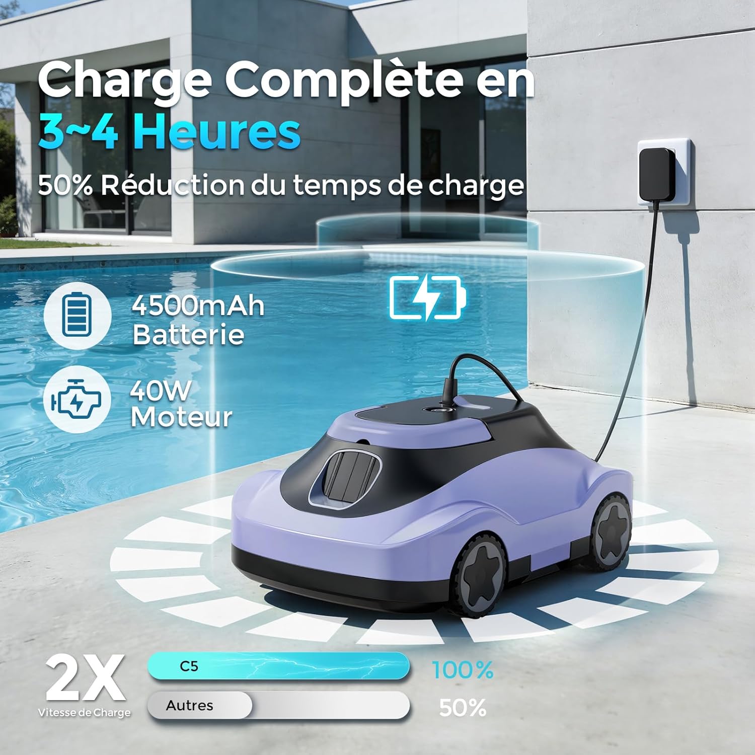 Robot piscine sans fil - 180min autonomie, filtration fine, 200m², aspiration puissante