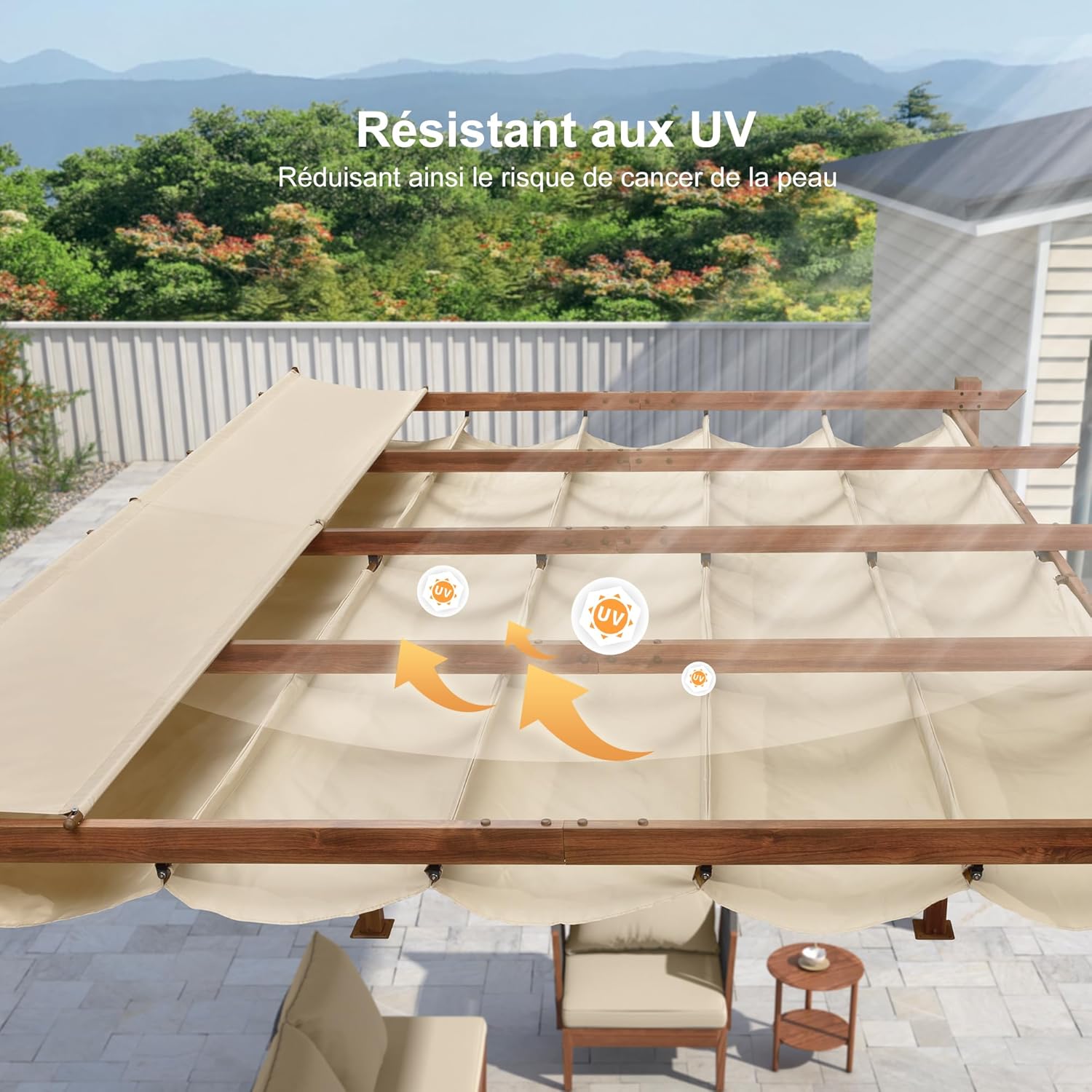 jardinite - pergola aluminium 4x3m teck, toile rétractable, kaki