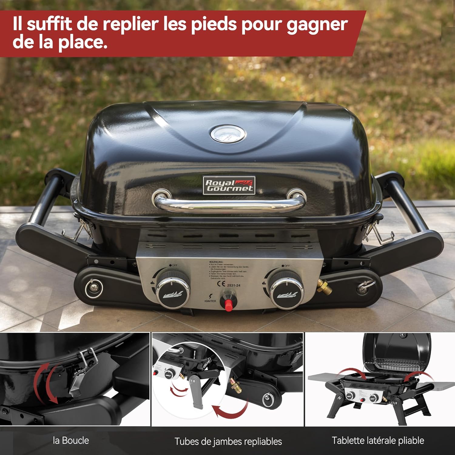 jardinite - barbecue gaz portable - 48x37 cm - 2 brûleurs, tables pliantes, chariot détachable, 5kW