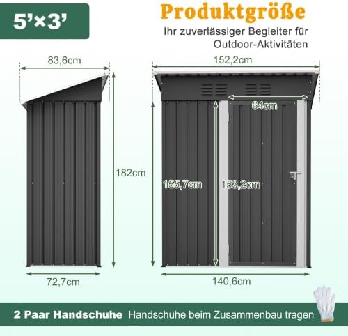 Abri de jardin en métal 152 x 84 x 182 cm, peu encombrant, avec porte verrouillable, résistant aux intempéries et durable, parfait pour les outils de jardin, vélos et tondeuses à gazon, noir
