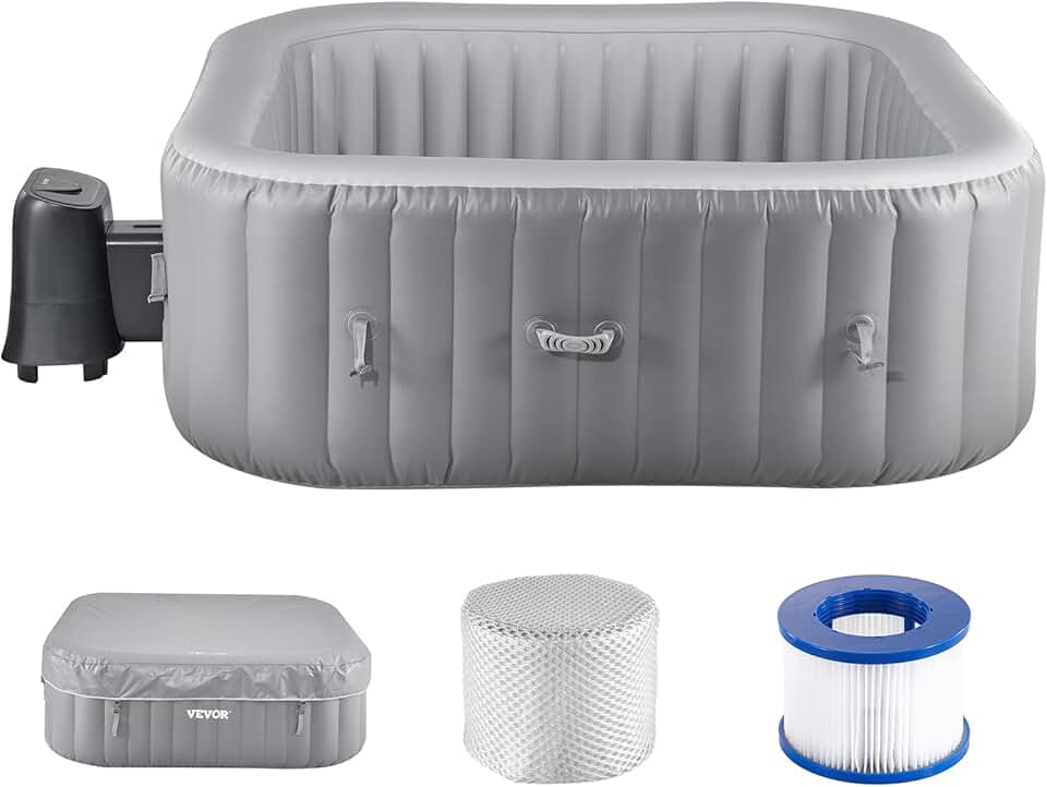 jardinite Spa Gonflable Carré Capacité 4-6 Personnes, Bains à Remous d’Extérieur Portable 185x66 cm, avec 130 Jets Apaisants, Filtre, Couverture et Tapis, en PVC, Panneau de Commande Multifonction, Gris