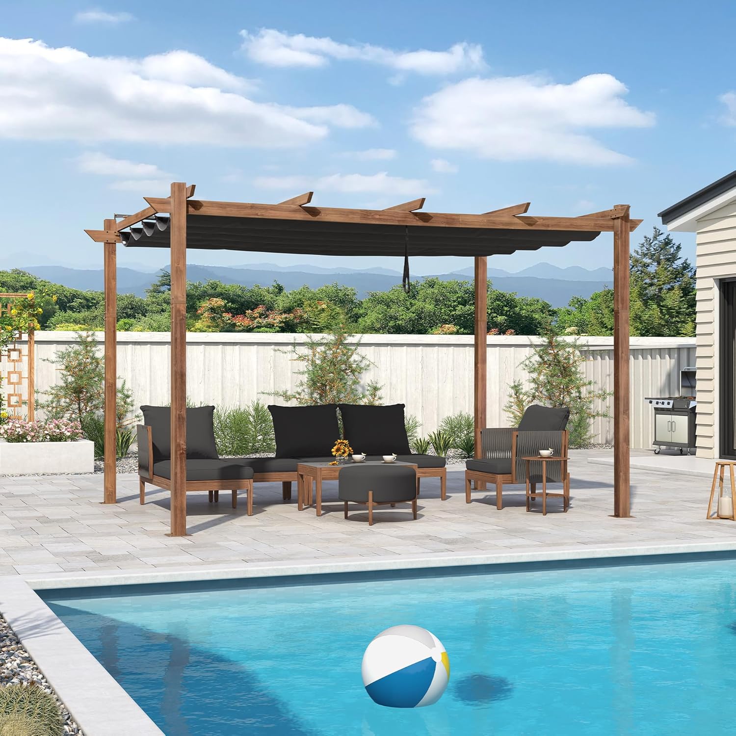 jardinite - Pergola aluminium - 4x3m - toile rétractable, teck, imperméable