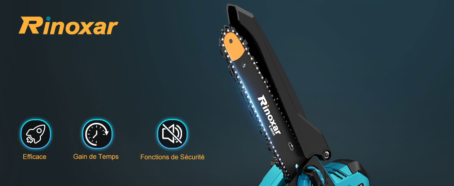 de marque jardinite au design noir et bleu, avec trois icônes de caractéristiques affichées ci-dessous indiquant les fonctions silencieuses, permettant de gagner du temps