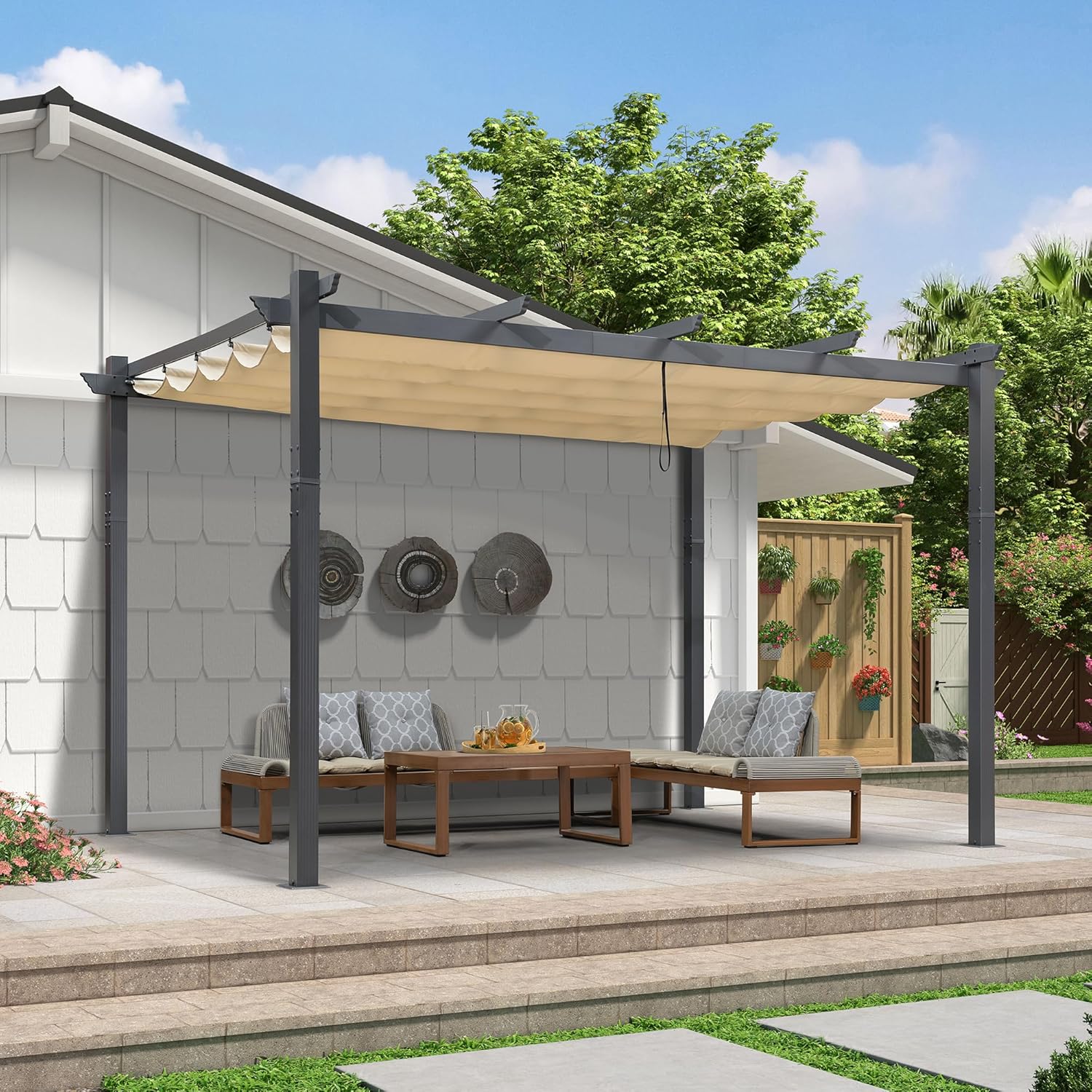 jardinite - Pergola murale - 4 x 2,7 m - toit coulissant alu, tissu kaki