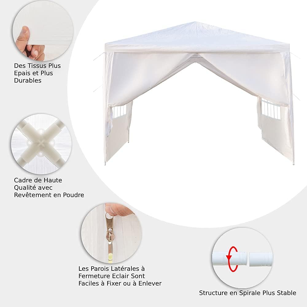 Tonnelle de jardin pliante imperméable 3x3m, 4 parois, bâche PE épaisse, protection UV