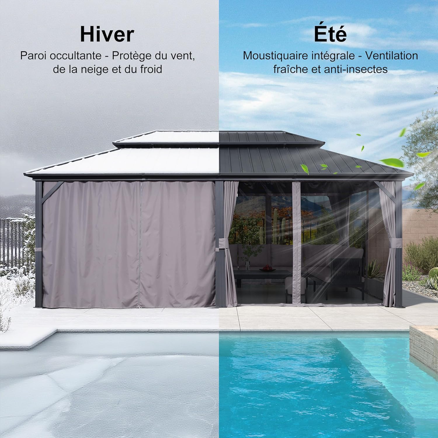 jardinite - Tonnelle double toit rigide, 6 x 3,65 m, moustiquaire, aluminium, gris