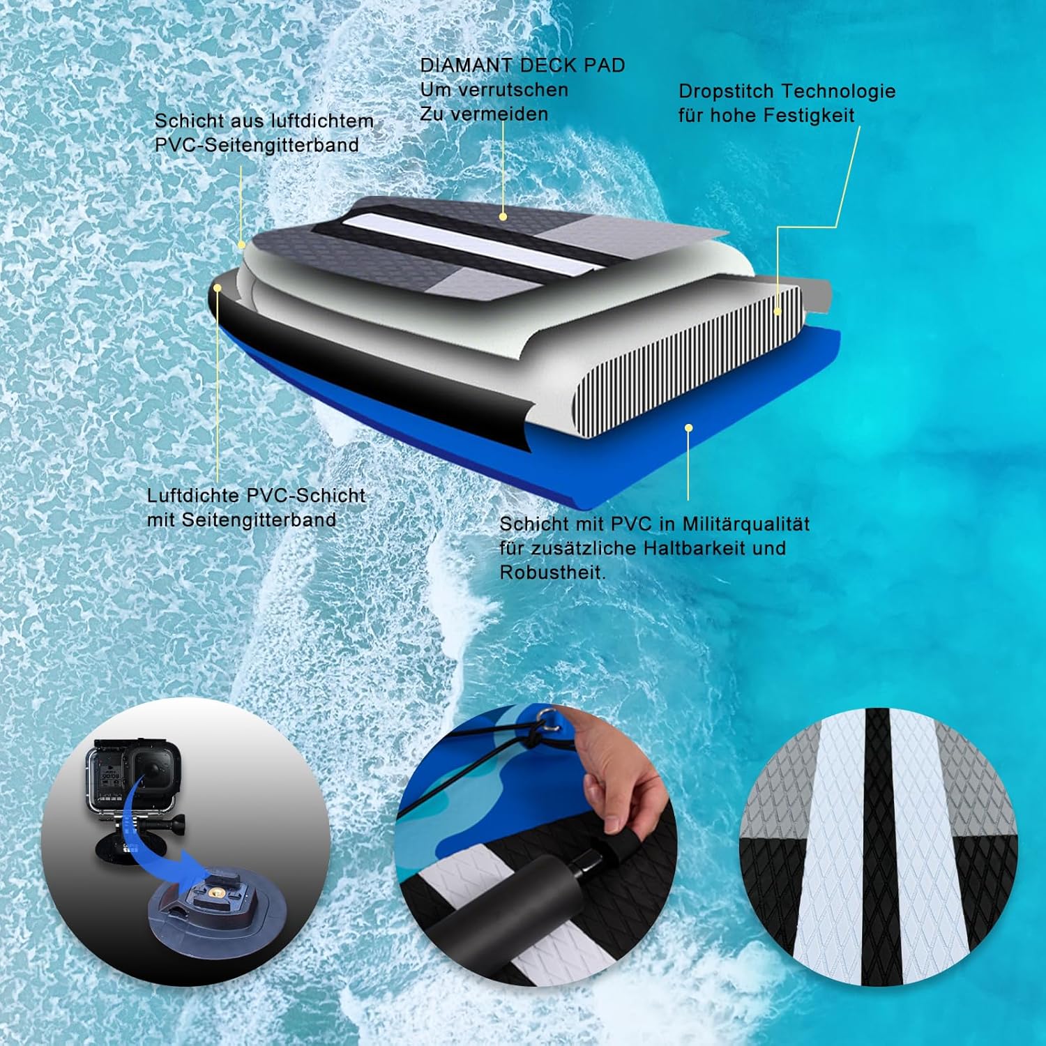 Planche de Stand Up Paddle Gonflable, 330x76x15 cm, kayak, 150 kg, kick-pad, caméra, camouflage Blue