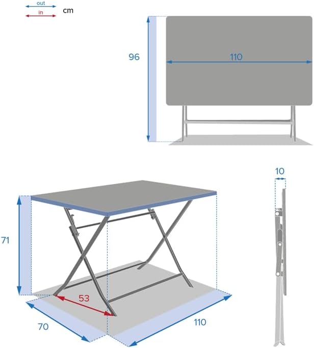 jardinite - Greensboro - 110x70 cm - Table pliante acier 4 places, traitement epoxy antirouille