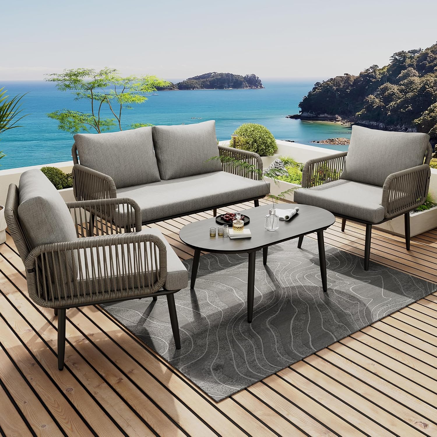 Mobilier de jardin 4 pièces - canapé, fauteuils, table - tressage main, acier galvanisé, plateau imitation bois