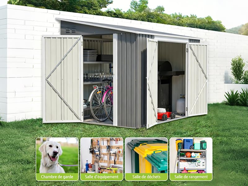 Composite d'images extérieures montrant des scénarios d'installation et d'utilisation de clôtures blanches, y compris des scènes de jardin avec des animaux de compagnie et des activités familiales.