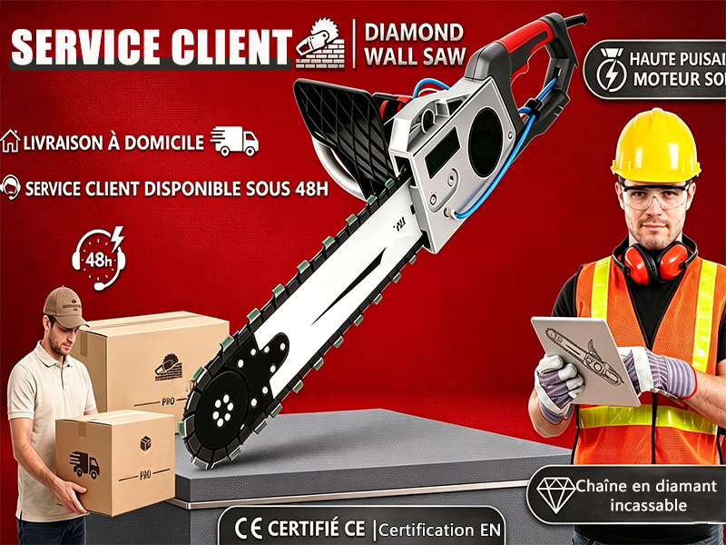 Le texte indique « SERVICE CLIENT », « DIAMOND TOOLS », « LIVRAISON À DOMICILE », « SERVICE CLIENT DISPONIBLE 24H/24 », « CE CERTIFIÉ », « 6 MOIS ». Outil électrique professionnel pour meuleuse d'angle sans fil avec disque à tronçonner diamanté et équipement de sécurité sur fond rouge.