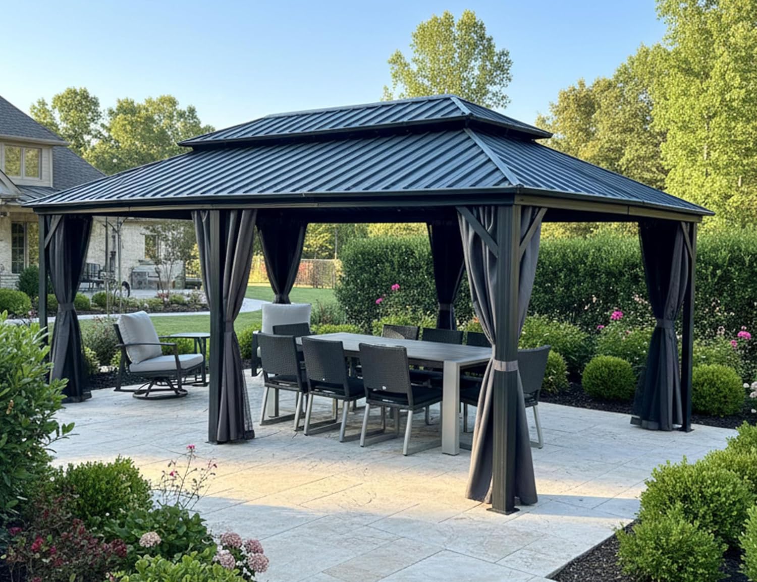 jardinite - Tonnelle double toit rigide, 6 x 3,65 m, moustiquaire, aluminium, gris