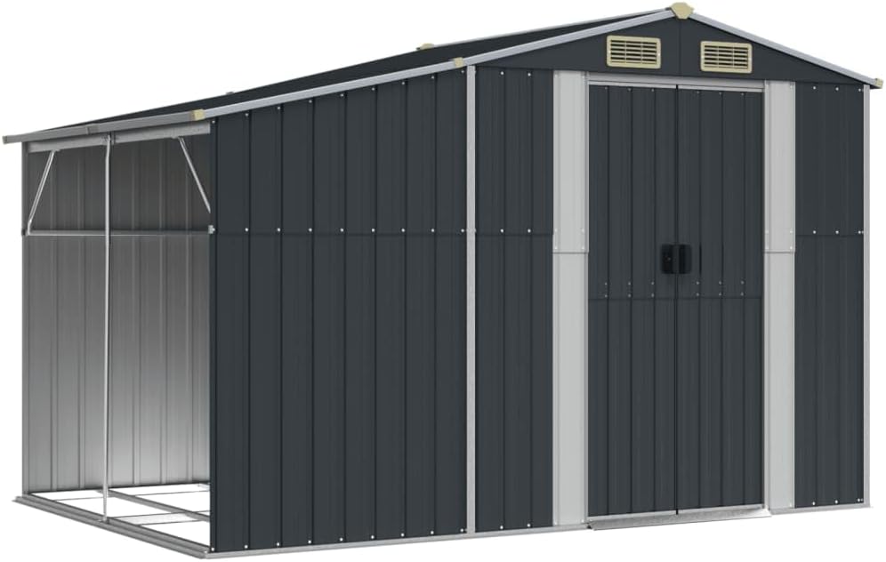 Abri de jardin en acier galvanisé – Soute à outils en métal avec toit incliné pour bûches et charbon – 277 x 192,5 x 179 cm – Solution de rangement extérieure durable en anthracite