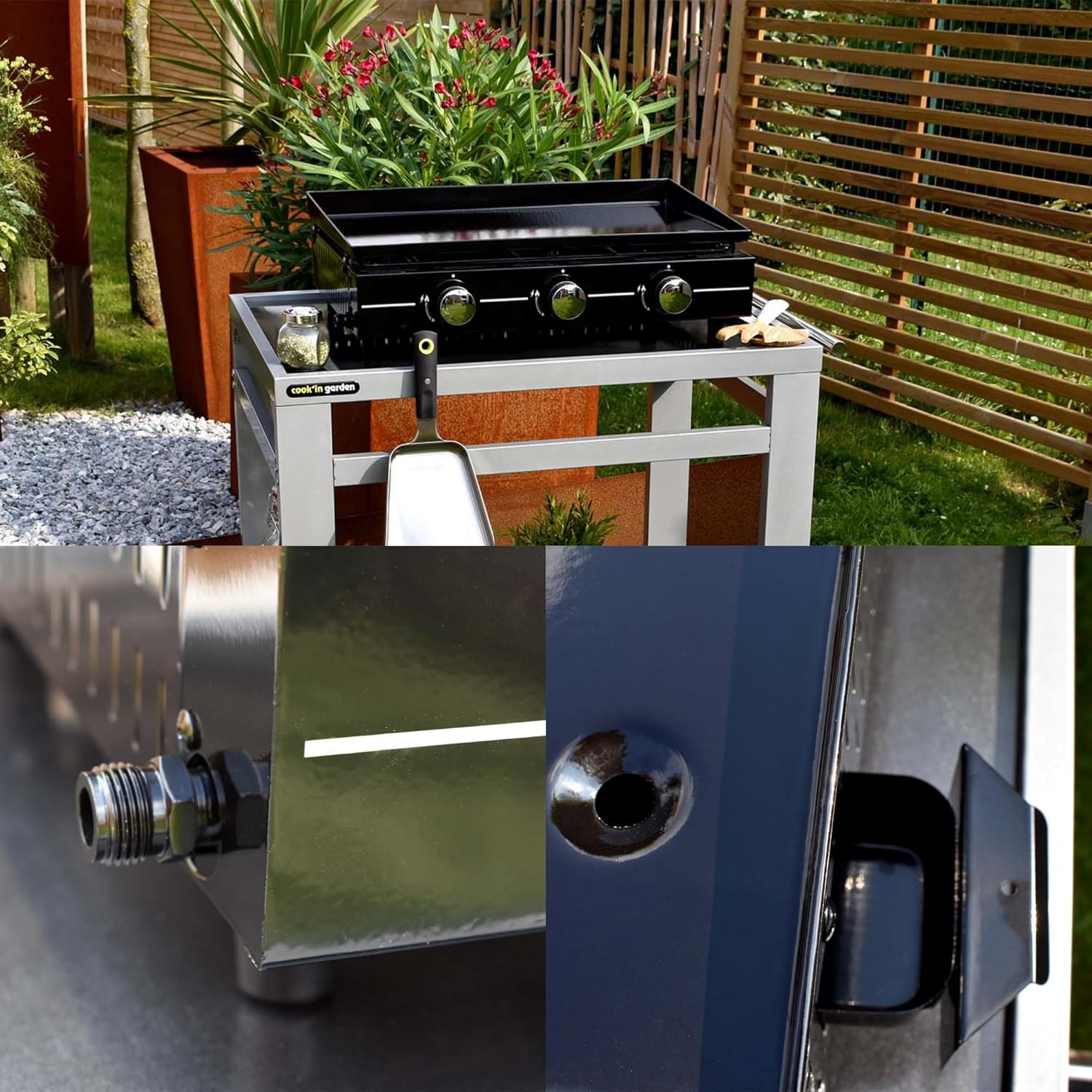 Cook’in Garden - plancha gaz 3 brûleurs, acier émaillé, 10 pers, bac amovible