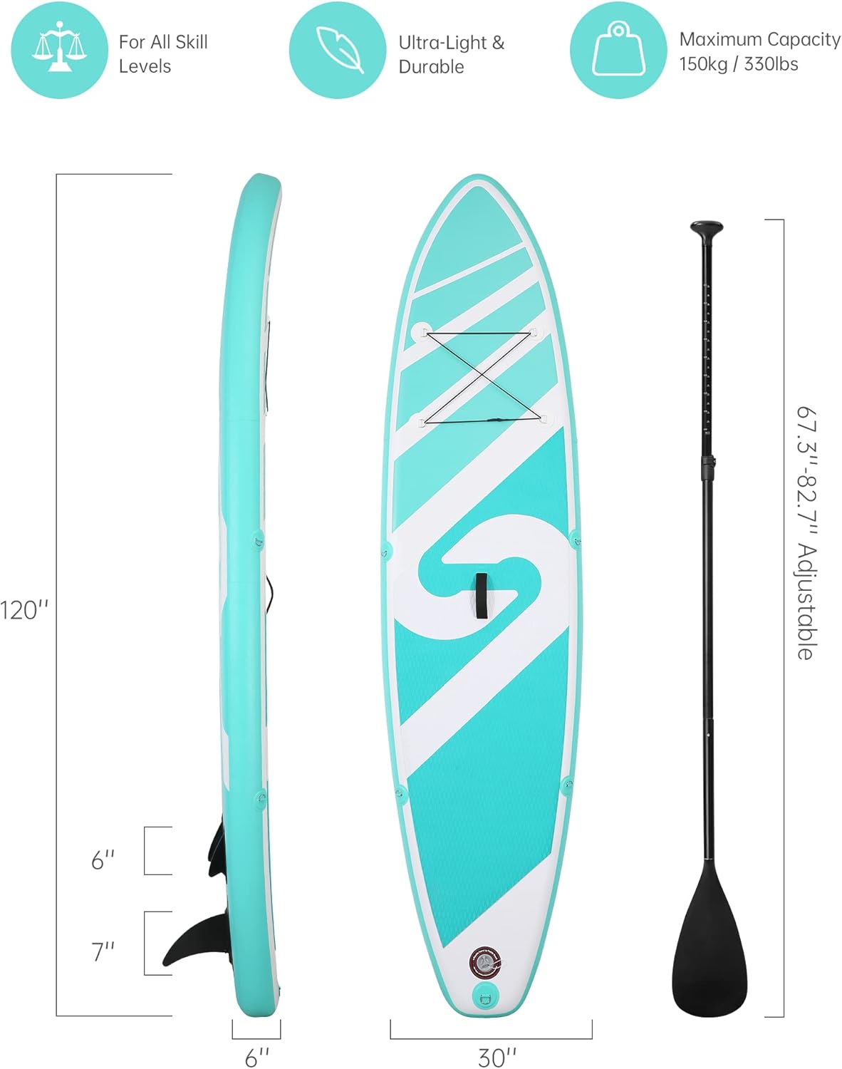 Planche à pagaie gonflable - 304,8x76,2x15,2 cm - accessoires premium