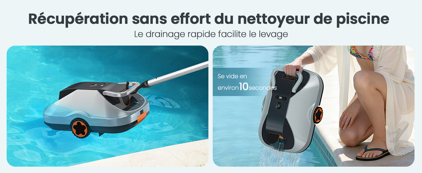Le texte indique « Récupération sans effort du nettoyeur de piscine ». Série d'images montrant un dispositif de nettoyage de piscine extrait de l'eau.