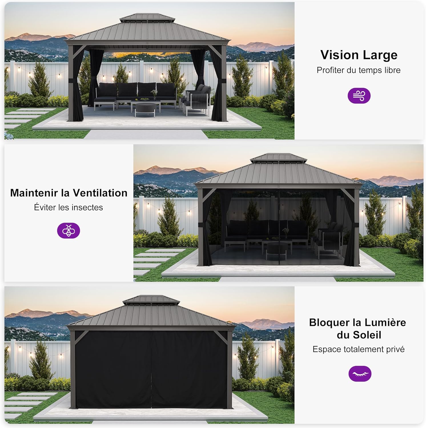 jardinite - tonnelle jardin double toit - 3,65x4,25m - aluminium, moustiquaire, rideaux