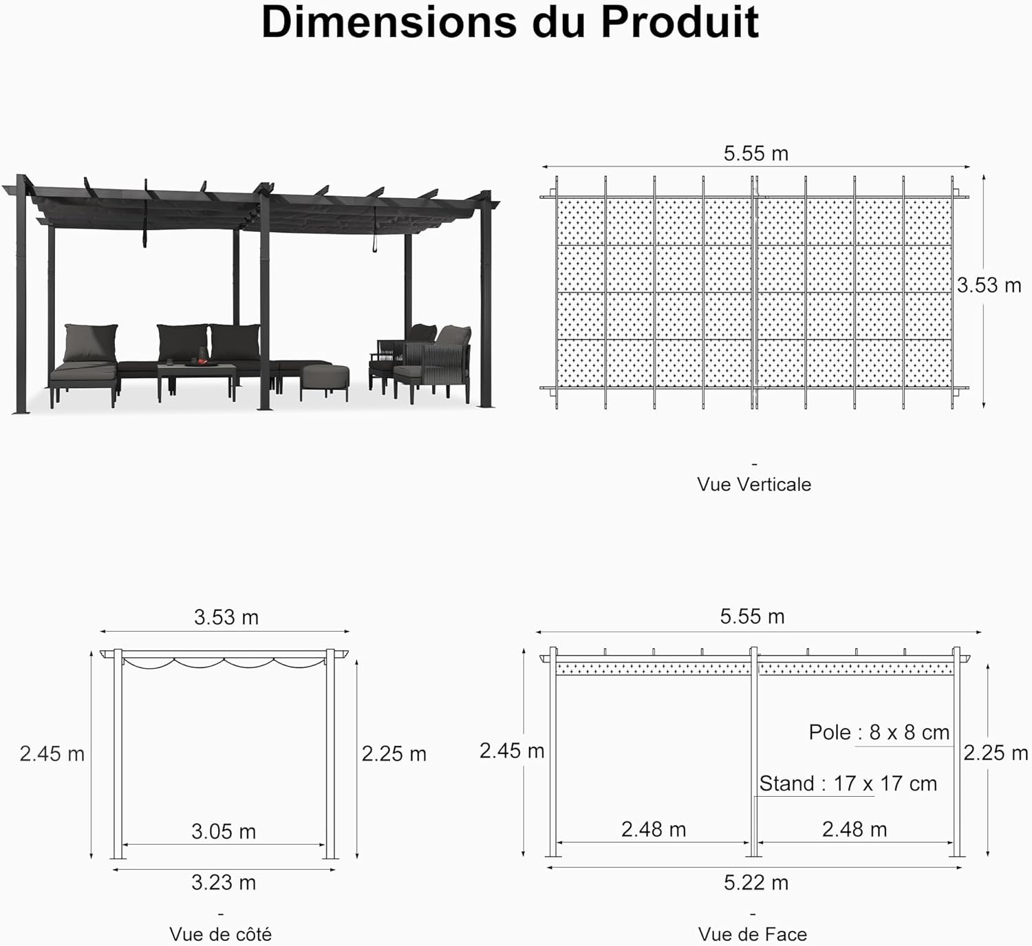 jardinite - Pergola Aluminium 5.5 x 3.5 m - Éclairage LED intégré, toit rétractable, tissu teinté, structure résistant