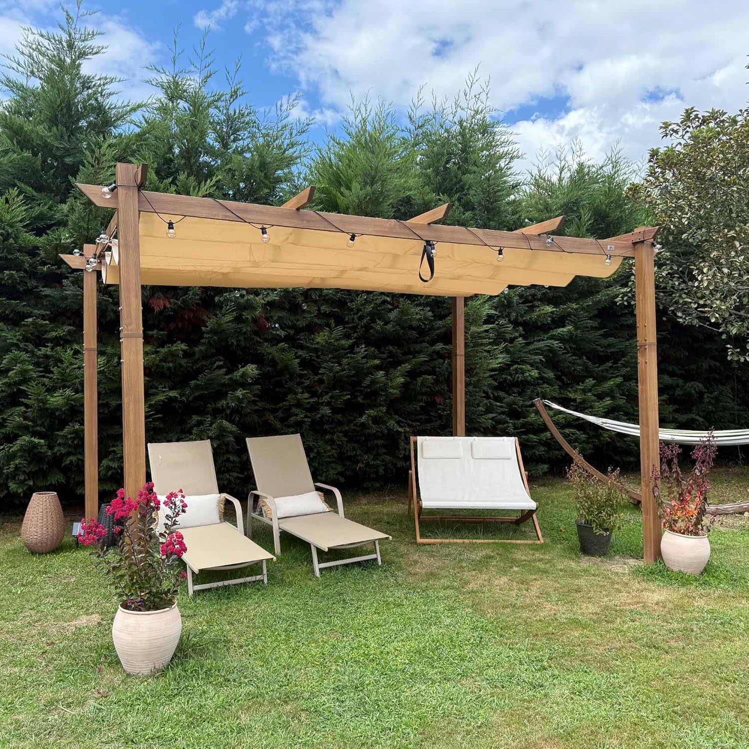 jardinite - Pergola aluminium 4x3m, toit rétractable, éclairage intégré, finition teck, kaki