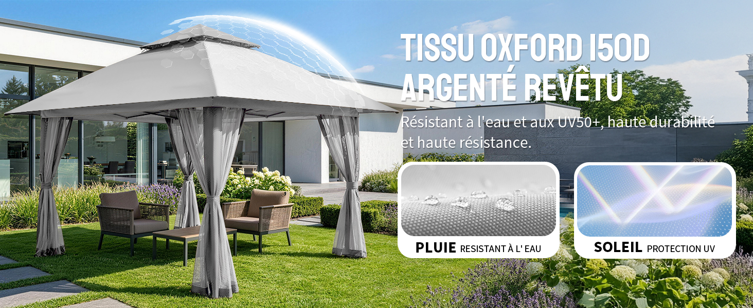 Le texte indique « TISSU OXFORD 150D RÉSISTANT À L'USURE » avec les indicateurs « PLUIE » et « SOLEIL ». Tente belvédère extérieure avec cadre en métal blanc dans un jardin, fabriquée en tissu Oxford résistant aux intempéries.